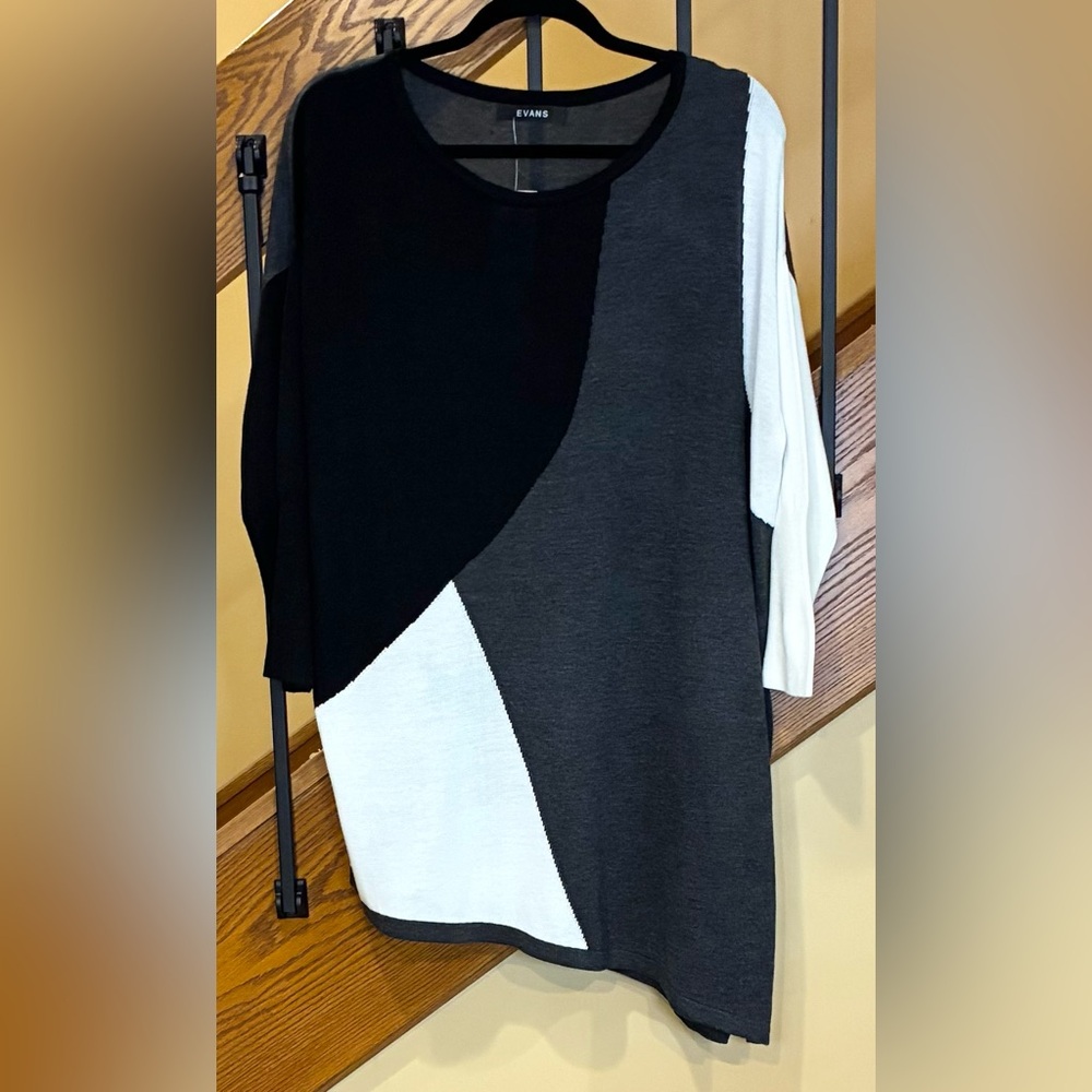 Evan’s Asymmetrical Colorblock Sweater 3/4 Sleeve Multi Blk White Gray SZ 14 NWT